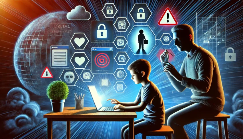 A concerned parent monitoring their child’s online activity on a laptop, with a glowing protective barrier surrounding them. Dark cyber threats, warning icons, and red alert signs symbolize online dangers in the background.